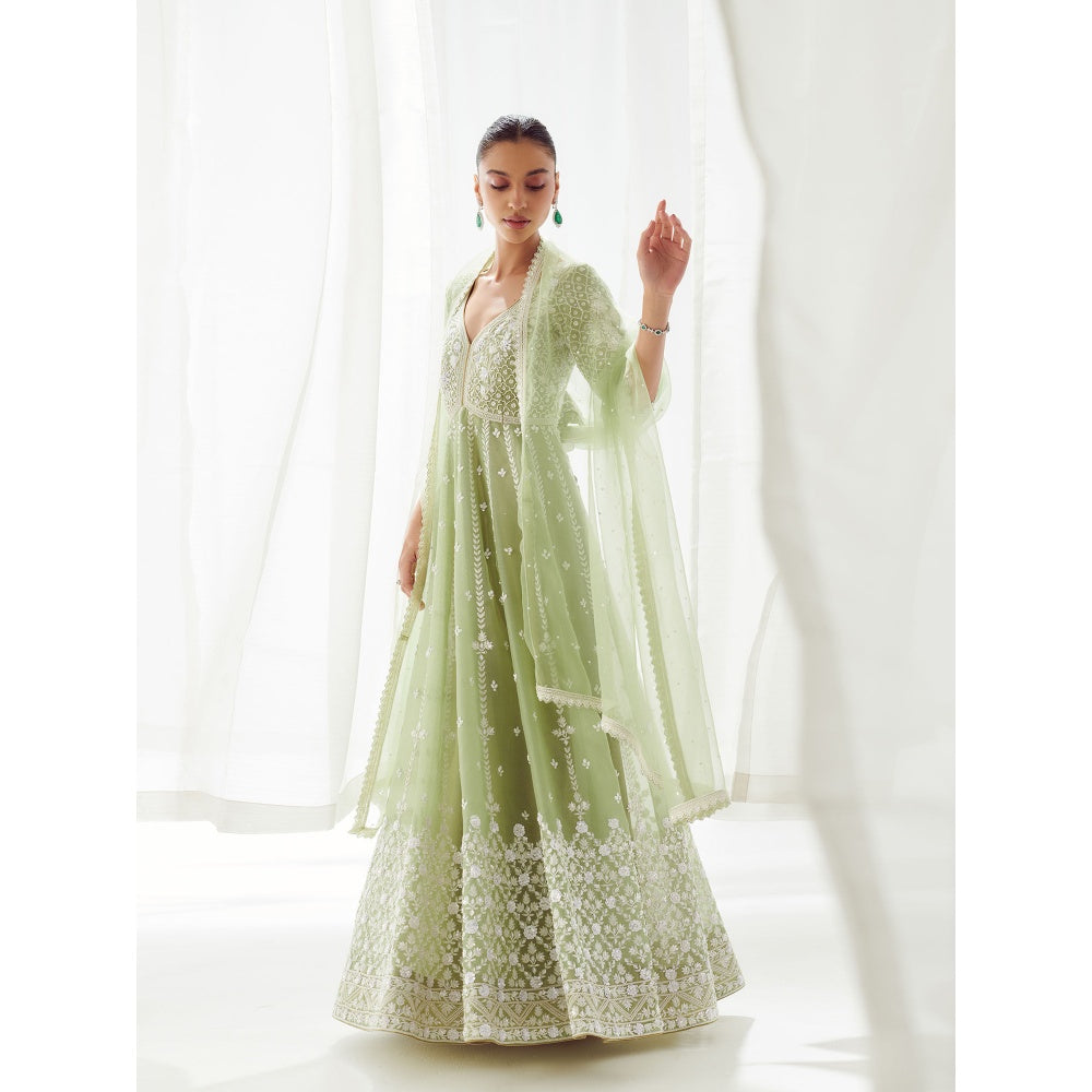 SUHINO Green Organza Anarkali Kurta & Dupatta (Set of 2)