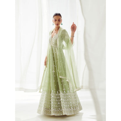 SUHINO Green Organza Anarkali Kurta & Dupatta (Set of 2)