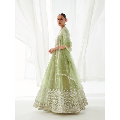 SUHINO Green Organza Anarkali Kurta & Dupatta (Set of 2)