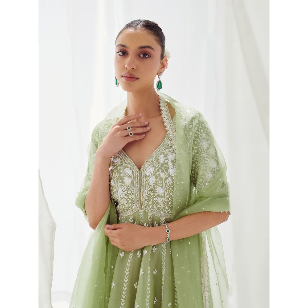 SUHINO Green Organza Anarkali Kurta & Dupatta (Set of 2)
