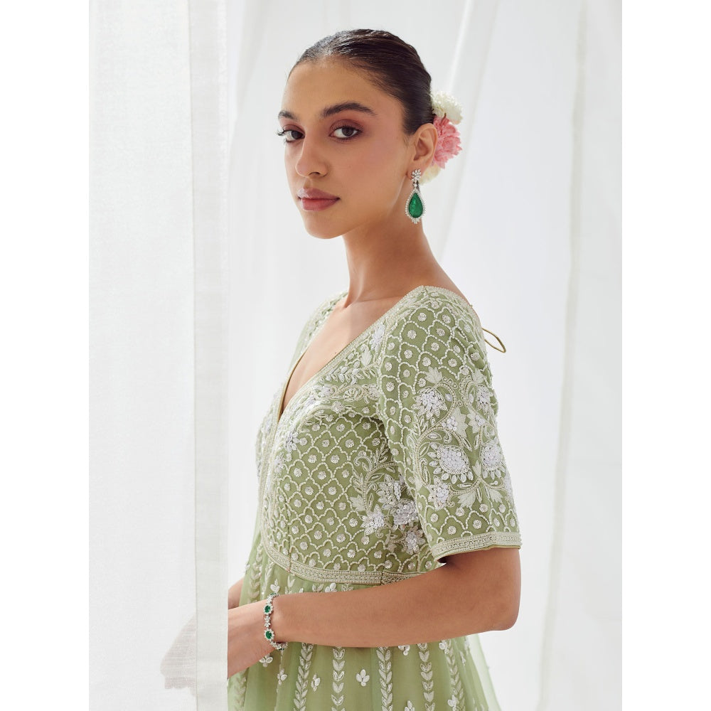 SUHINO Green Organza Anarkali Kurta & Dupatta (Set of 2)