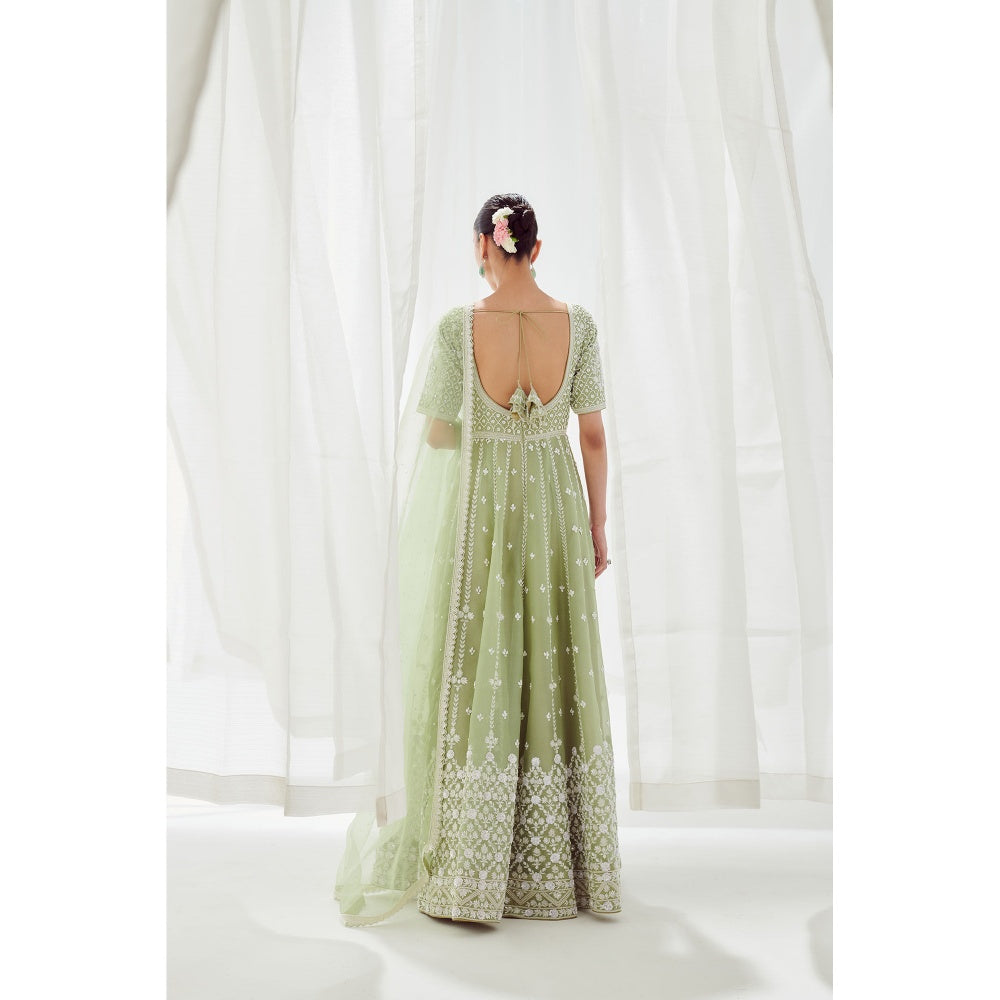 SUHINO Green Organza Anarkali Kurta & Dupatta (Set of 2)