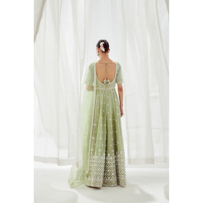 SUHINO Green Organza Anarkali Kurta & Dupatta (Set of 2)