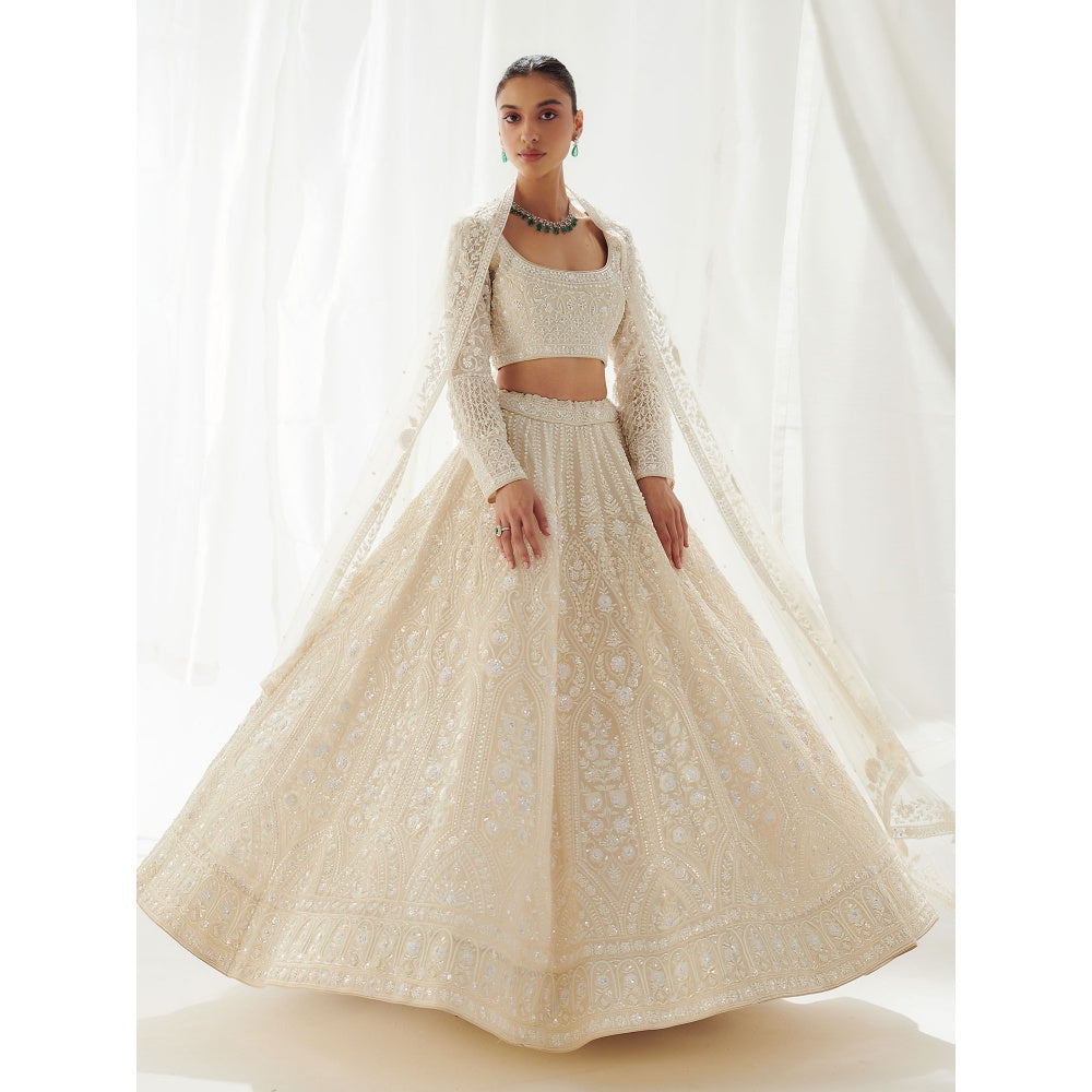 SUHINO White Organza Lehenga Blouse & Dupatta (Set of 3)