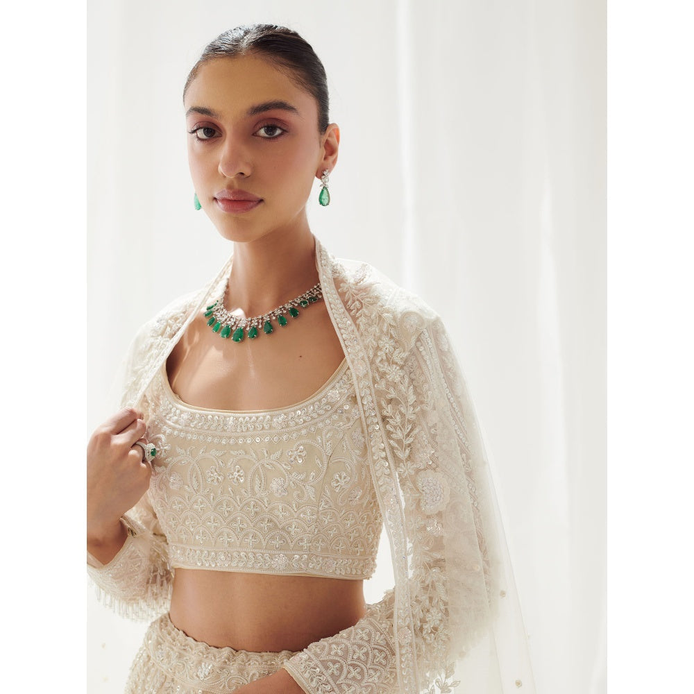 SUHINO White Organza Lehenga Blouse & Dupatta (Set of 3)