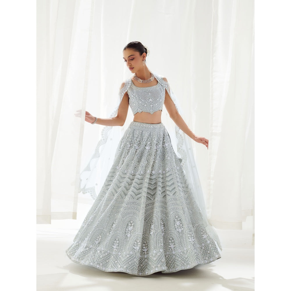 SUHINO Grey Organza Lehenga Blouse & Dupatta (Set of 3)