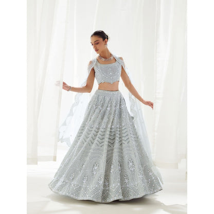 SUHINO Grey Organza Lehenga Blouse & Dupatta (Set of 3)