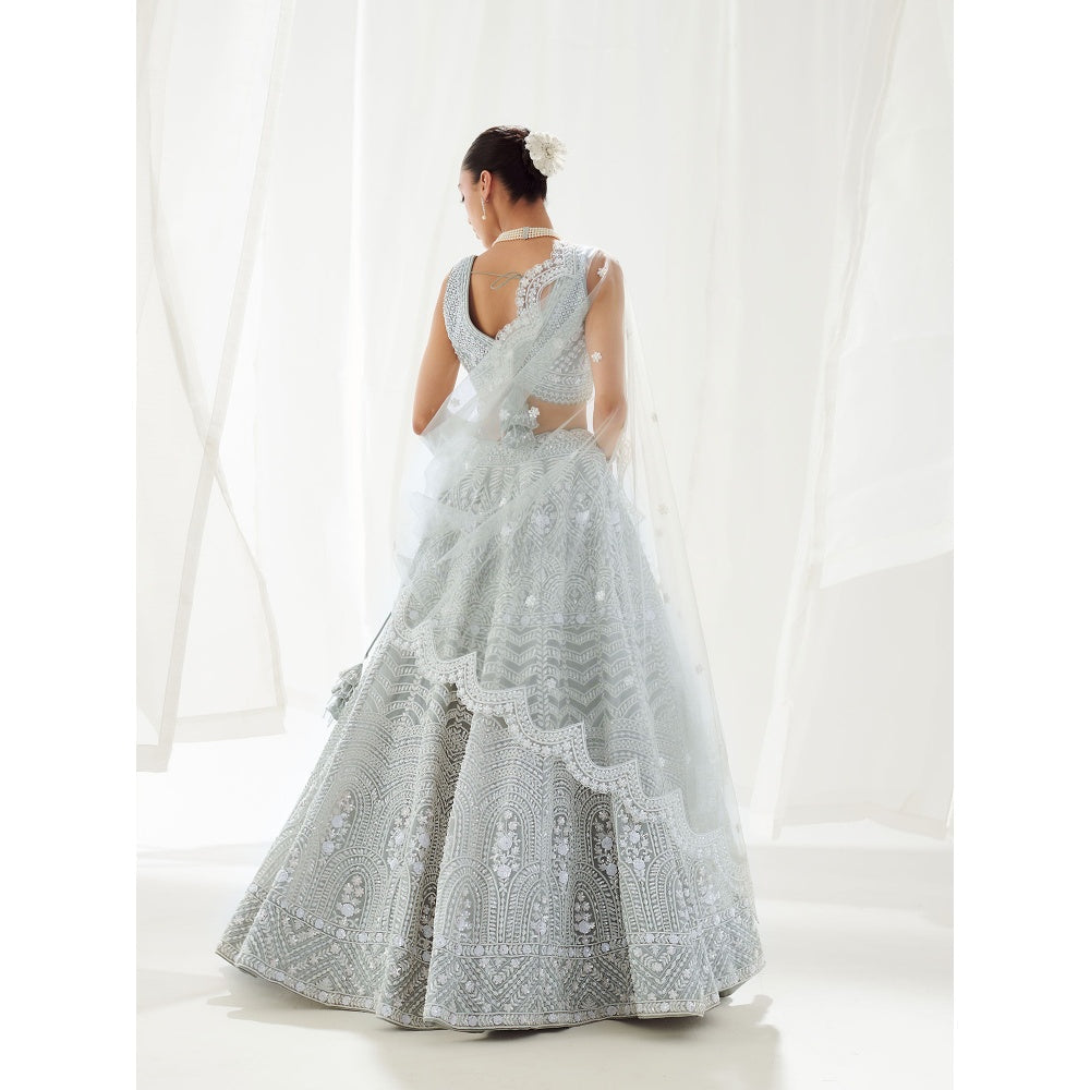 SUHINO Grey Organza Lehenga Blouse & Dupatta (Set of 3)