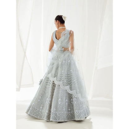 SUHINO Grey Organza Lehenga Blouse & Dupatta (Set of 3)