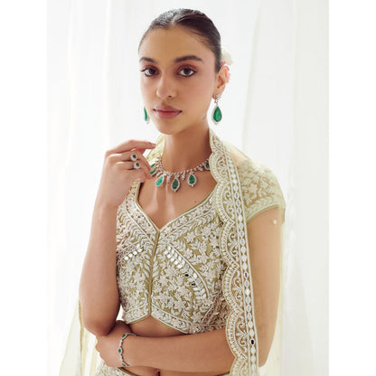 SUHINO Green Net Lehenga Blouse & Dupatta (Set of 3)