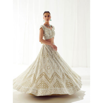 SUHINO Green Net Lehenga Blouse & Dupatta (Set of 3)