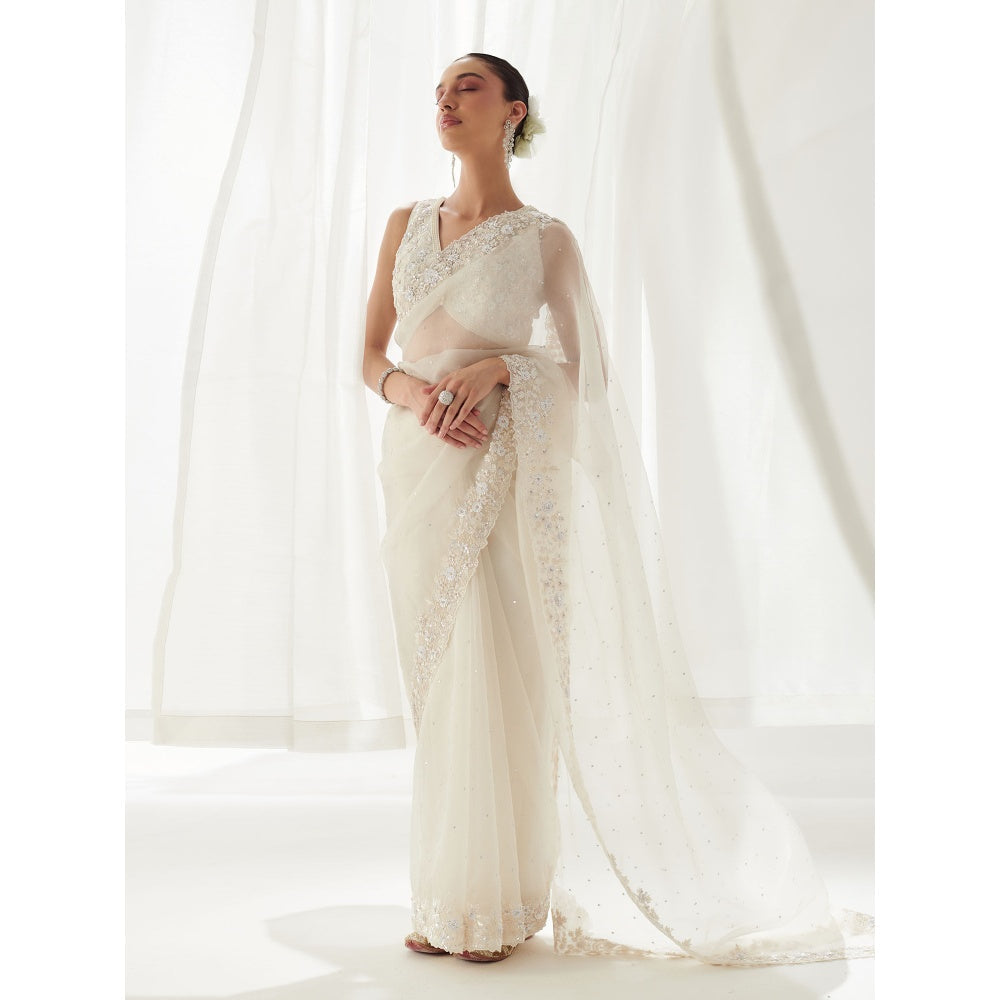 SUHINO White Organza Saree with Blouse & Petticoat with Stitched Blouse