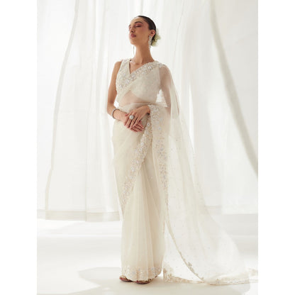 SUHINO White Organza Saree with Blouse & Petticoat with Stitched Blouse