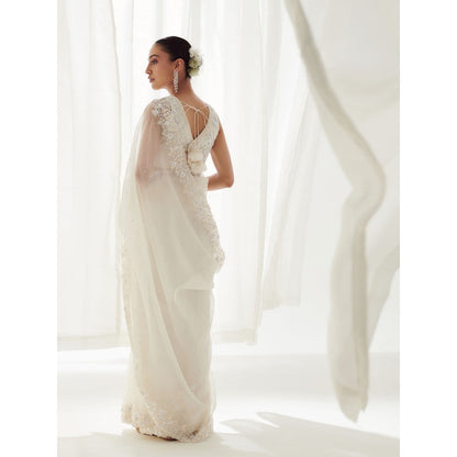 SUHINO White Organza Saree with Blouse & Petticoat with Stitched Blouse