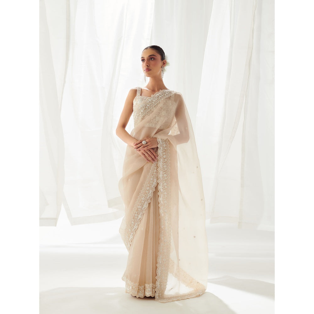 SUHINO Beige Organza Saree with Blouse & Petticoat with Stitched Blouse