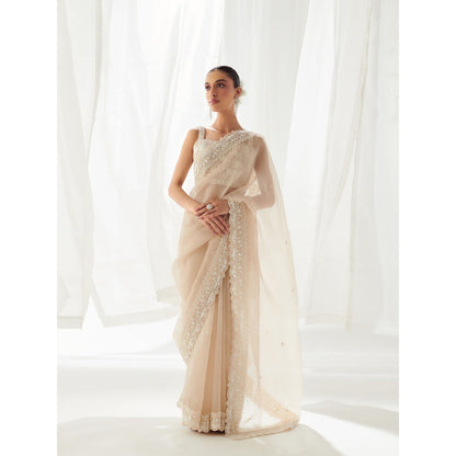 SUHINO Beige Organza Saree with Blouse & Petticoat with Stitched Blouse