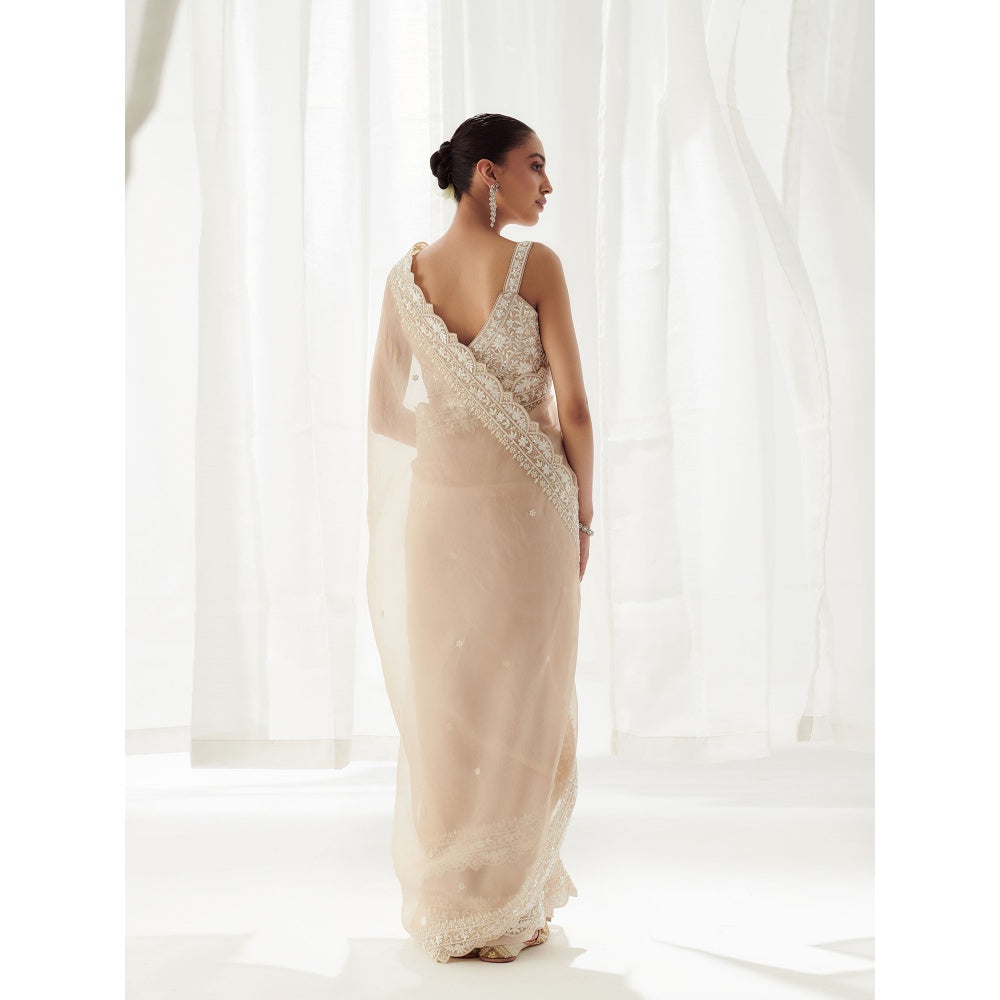 SUHINO Beige Organza Saree with Blouse & Petticoat with Stitched Blouse