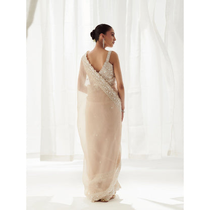 SUHINO Beige Organza Saree with Blouse & Petticoat with Stitched Blouse