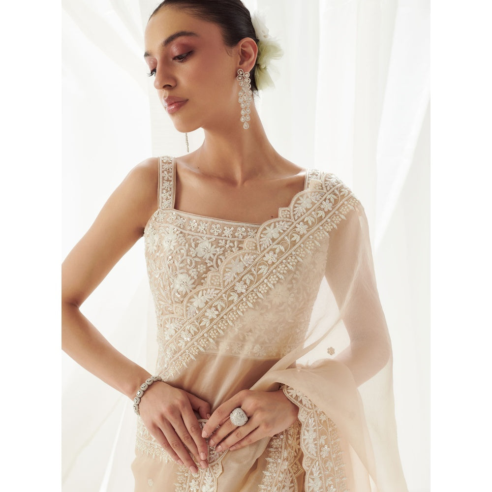 SUHINO Beige Organza Saree with Blouse & Petticoat with Stitched Blouse