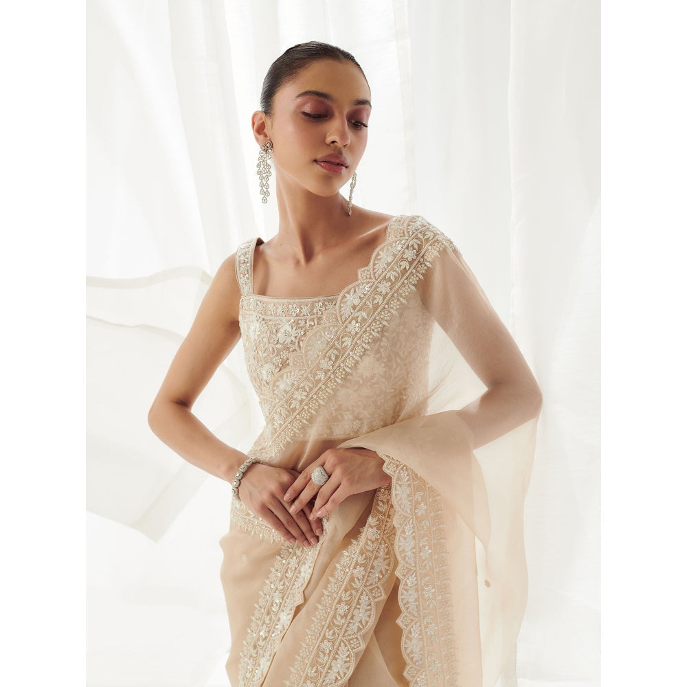 SUHINO Beige Organza Saree with Blouse & Petticoat with Stitched Blouse