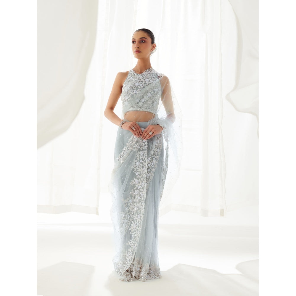 SUHINO Grey Net Saree with Blouse & Petticoat with Stitched Blouse