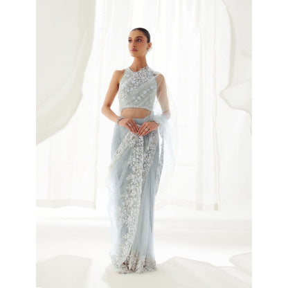 SUHINO Grey Net Saree with Blouse & Petticoat with Stitched Blouse