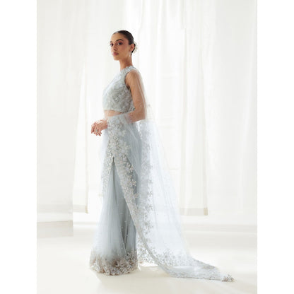 SUHINO Grey Net Saree with Blouse & Petticoat with Stitched Blouse