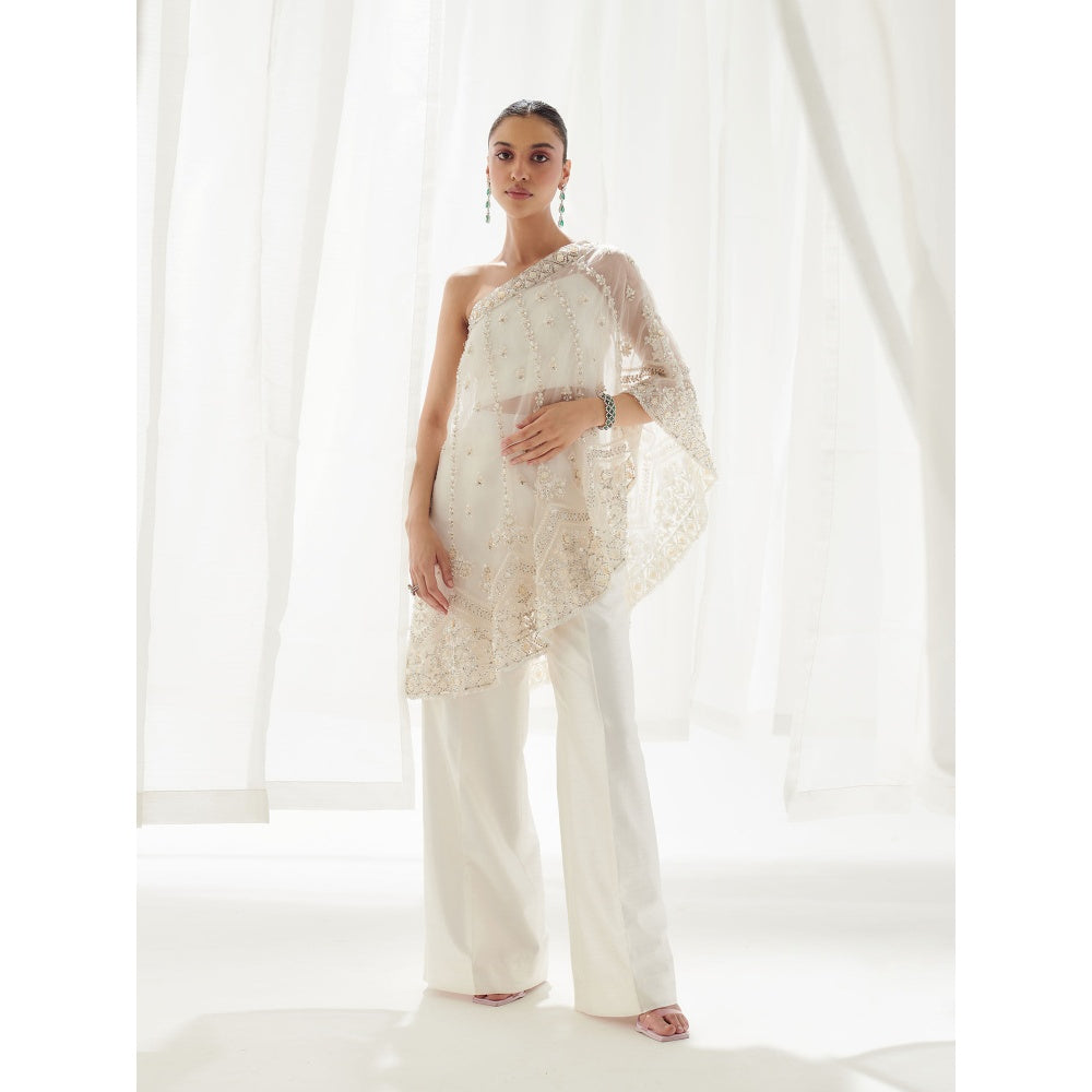 SUHINO Off White One Shoulder Cape And Co-Ord (Set of 3)