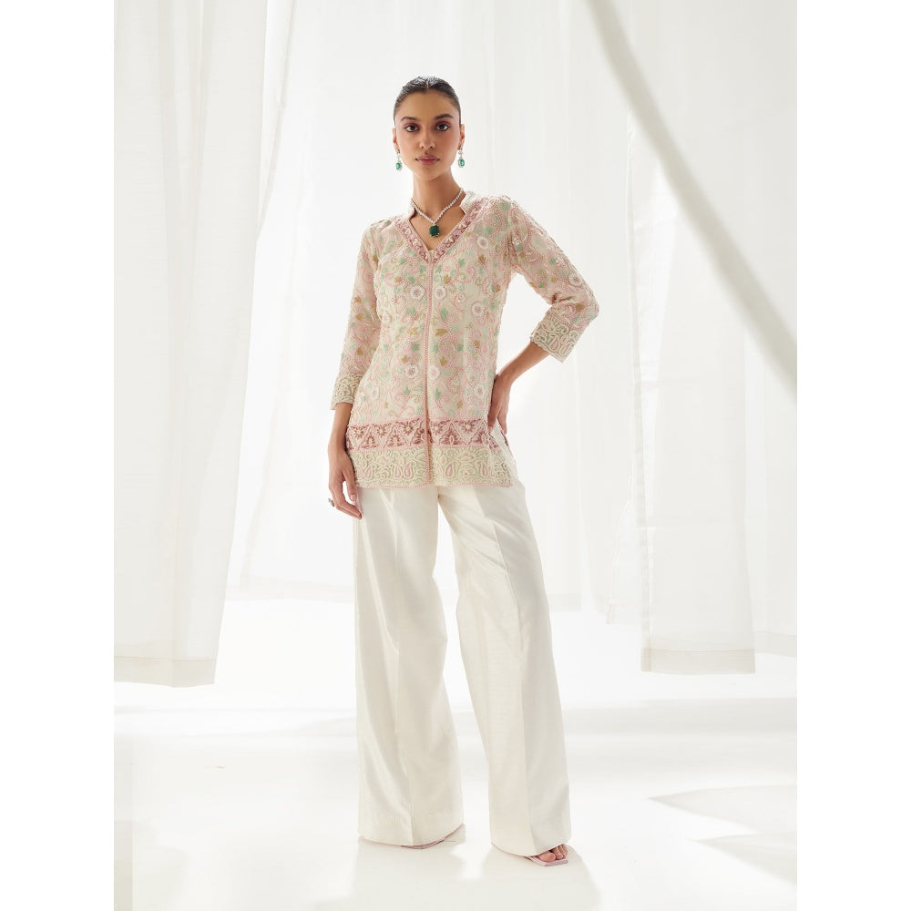 SUHINO Off White Organza Pearl Co-Ord with Inner (Set of 3)