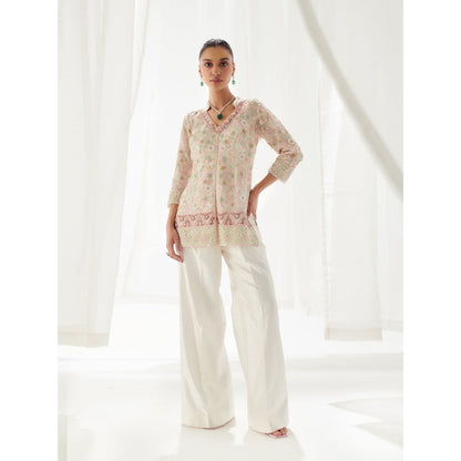 SUHINO Off White Organza Pearl Co-Ord with Inner (Set of 3)