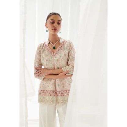 SUHINO Off White Organza Pearl Co-Ord with Inner (Set of 3)