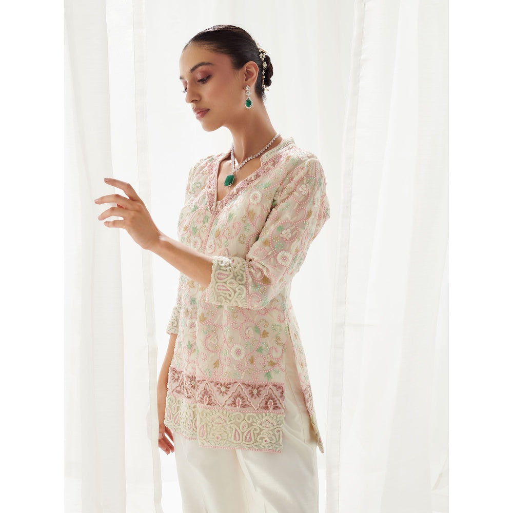 SUHINO Off White Organza Pearl Co-Ord with Inner (Set of 3)