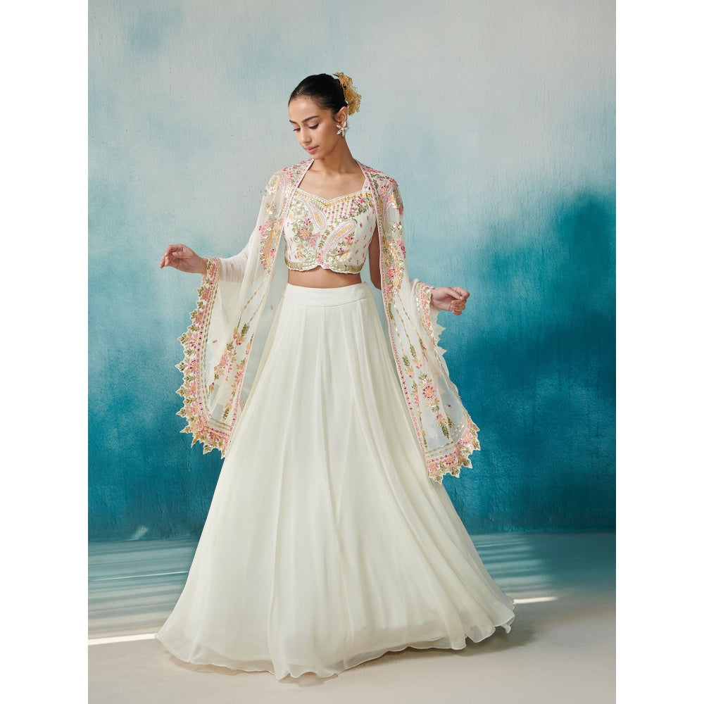 SUHINO Off White Georgette Lehenga Blouse & Cape (Set of 3)