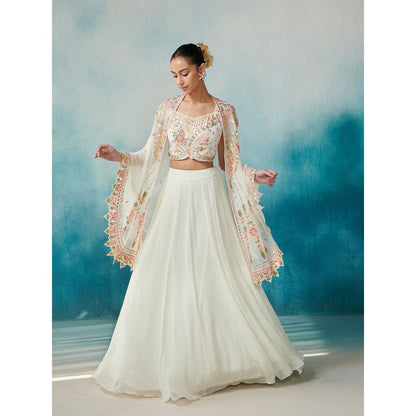 SUHINO Off White Georgette Lehenga Blouse & Cape (Set of 3)