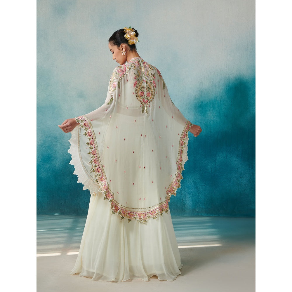 SUHINO Off White Georgette Lehenga Blouse & Cape (Set of 3)