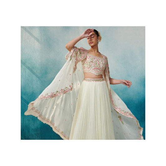 SUHINO Off White Georgette Lehenga Blouse & Cape (Set of 3)