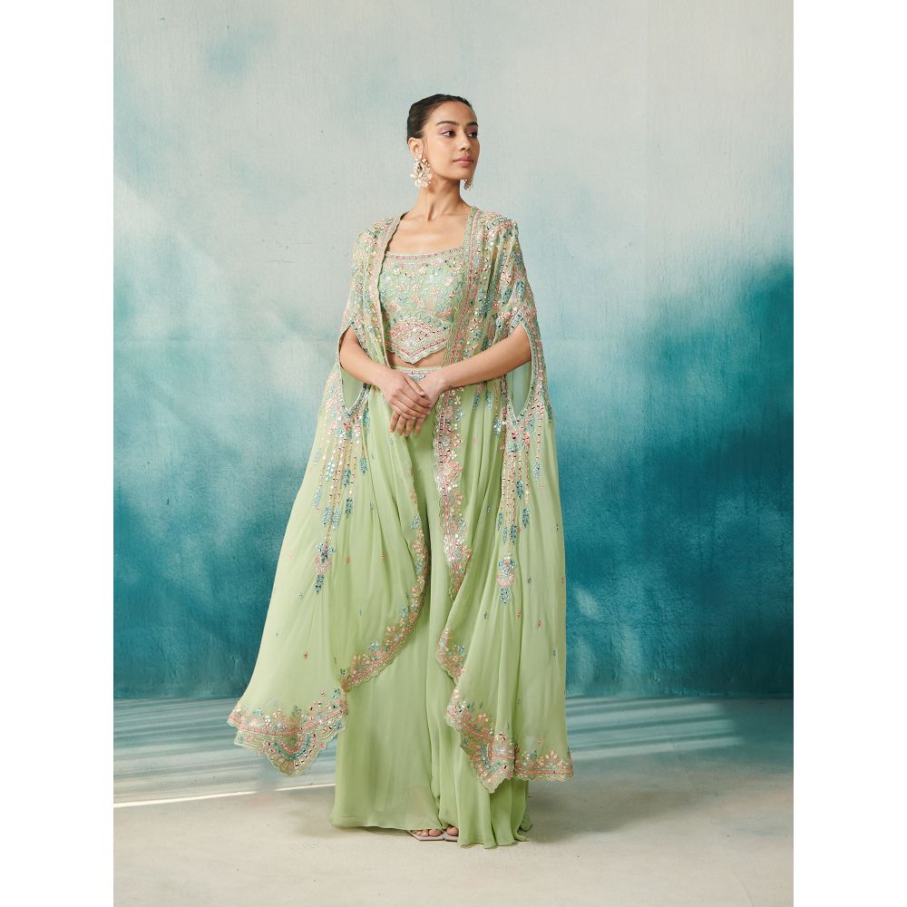 SUHINO Green Georgette Sharara Blouse & Cape (Set of 3)