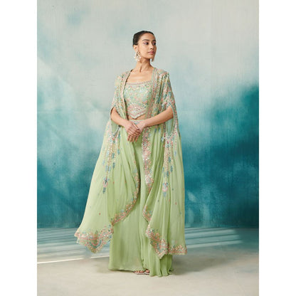 SUHINO Green Georgette Sharara Blouse & Cape (Set of 3)