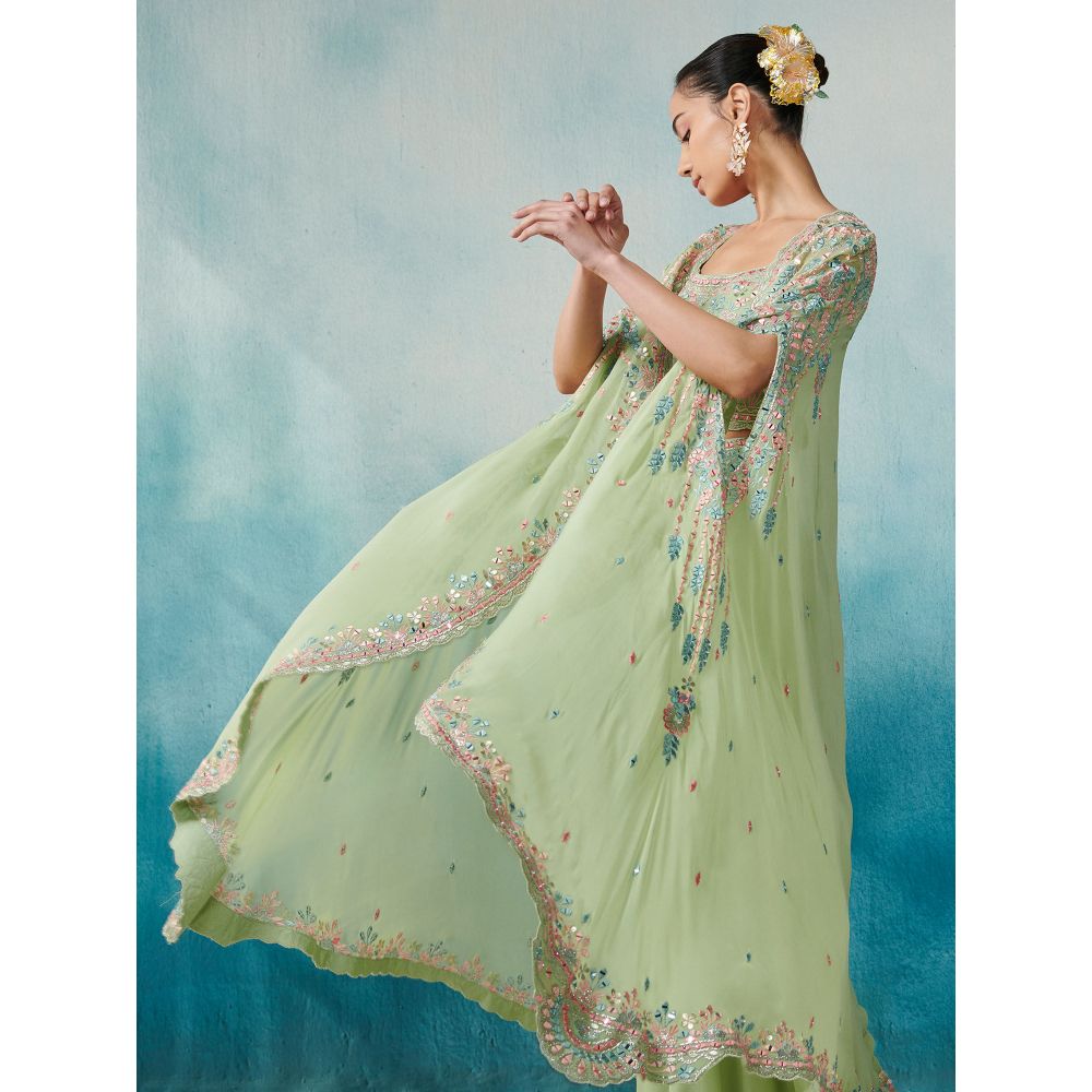 SUHINO Green Georgette Sharara Blouse & Cape (Set of 3)