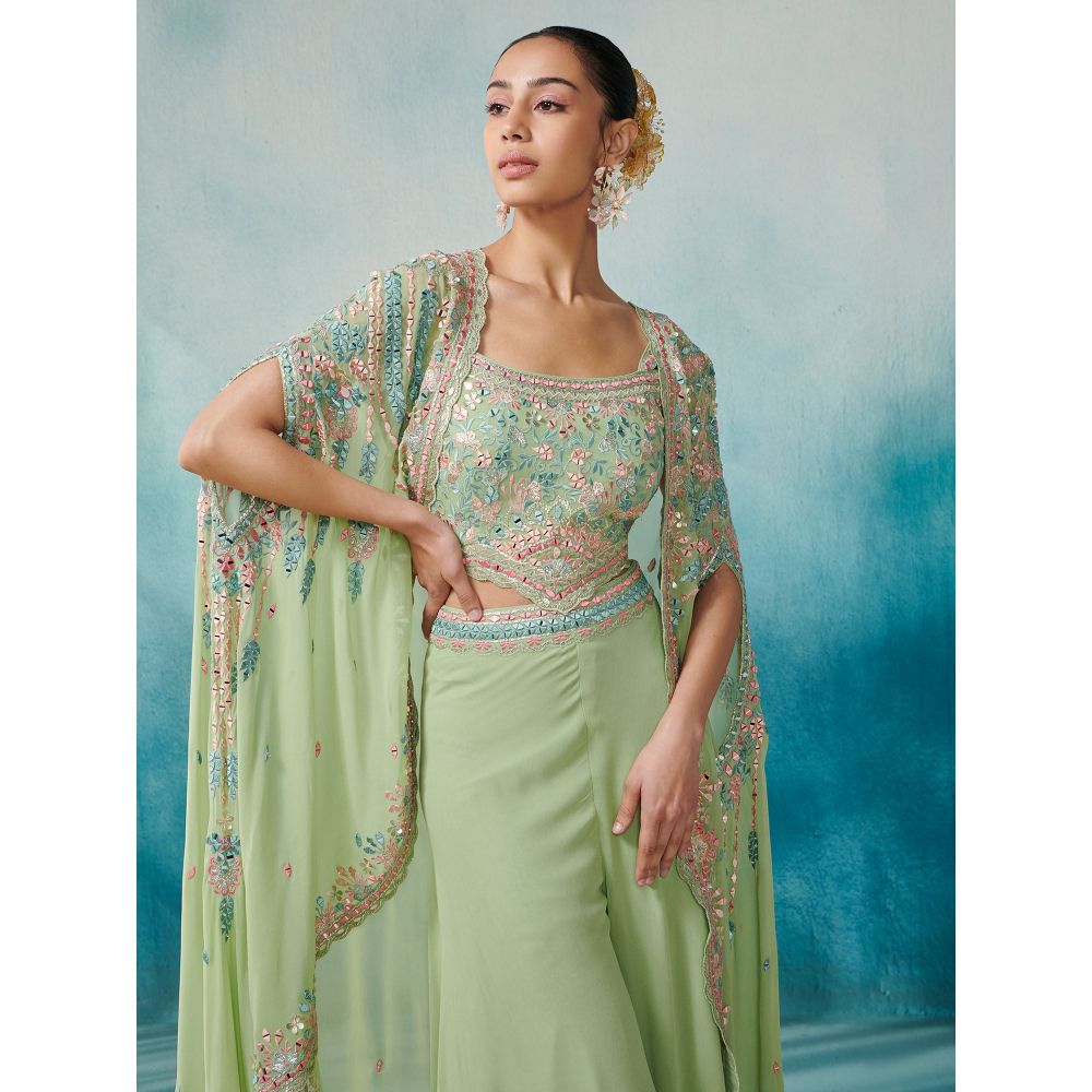 SUHINO Green Georgette Sharara Blouse & Cape (Set of 3)