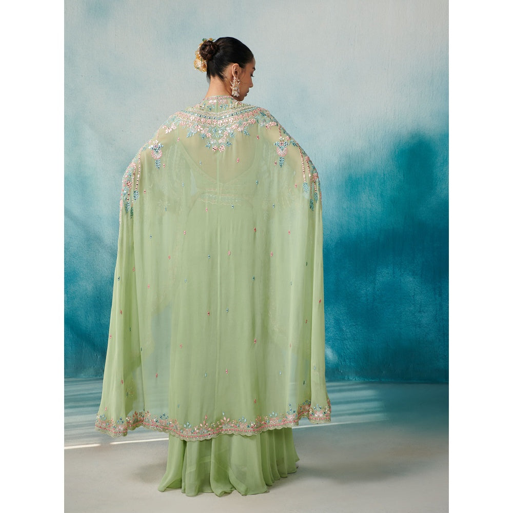 SUHINO Green Georgette Sharara Blouse & Cape (Set of 3)