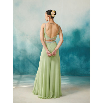 SUHINO Green Georgette Sharara Blouse & Cape (Set of 3)