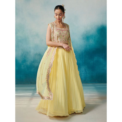 SUHINO Yellow Georgette Skirt Blouse & Cape (Set of 3)