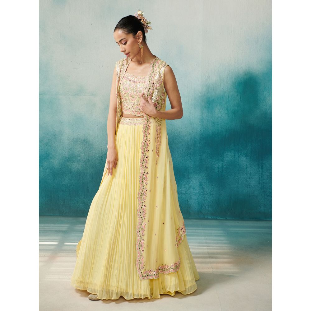 SUHINO Yellow Georgette Skirt Blouse & Cape (Set of 3)