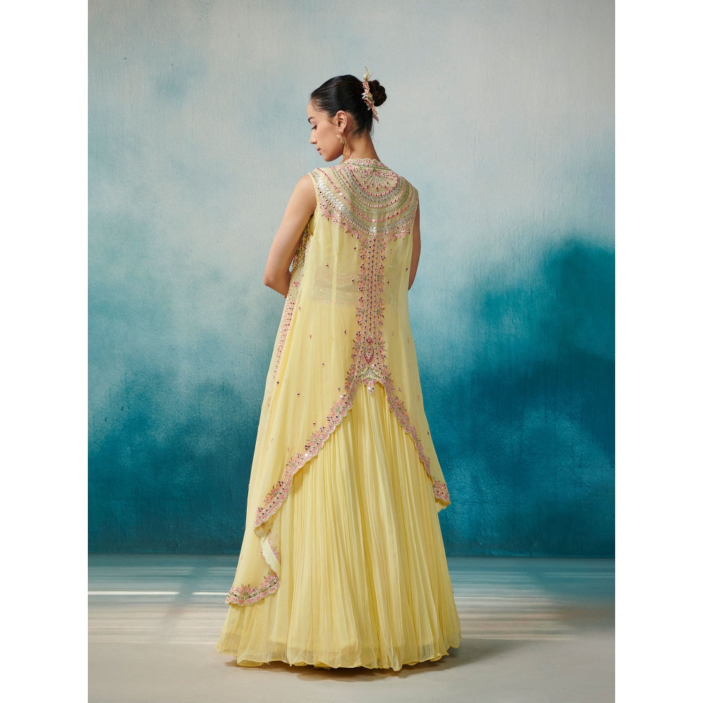 SUHINO Yellow Georgette Skirt Blouse & Cape (Set of 3)