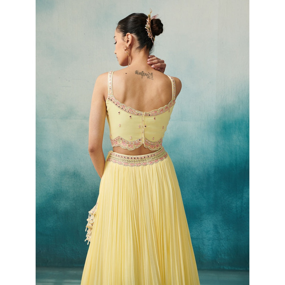 SUHINO Yellow Georgette Skirt Blouse & Cape (Set of 3)