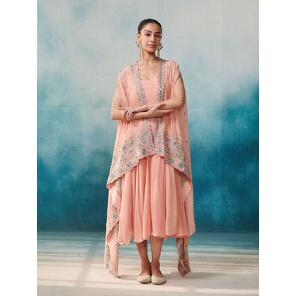 SUHINO Peach Georgette Dress & Cape (Set of 2)