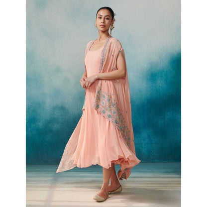 SUHINO Peach Georgette Dress & Cape (Set of 2)
