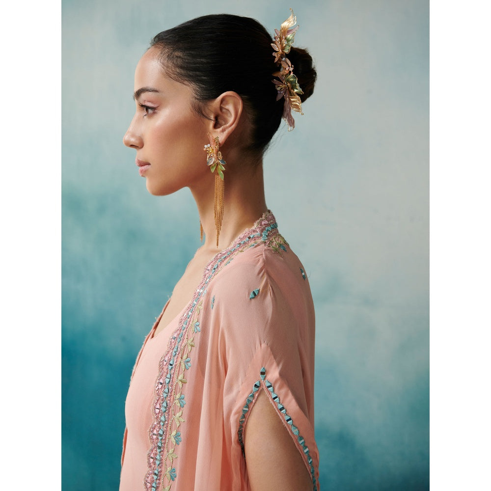 SUHINO Peach Georgette Dress & Cape (Set of 2)