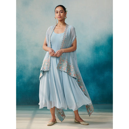 SUHINO Blue Georgette Dress with Cape (Set of 2)